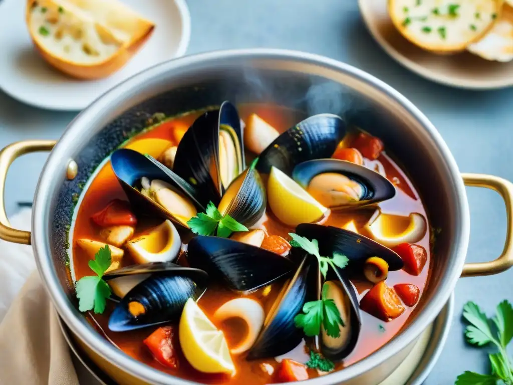 Una olla de Cioppino con mariscos frescos cocinándose lentamente, una historia de recetas de cocina italiana