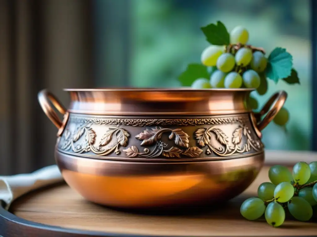 Una olla de cobre italiana envejecida con grabados de viñedos y asas en forma de vid, reflejando el cuidado en utensilios de cocina italiana