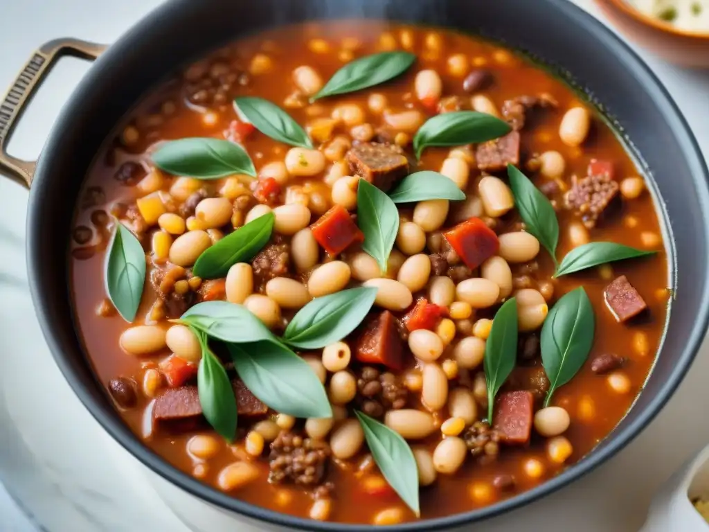 Una olla de Fagioli con salsiccia receta tradicional, rebosante de colores y sabores italianos reconfortantes