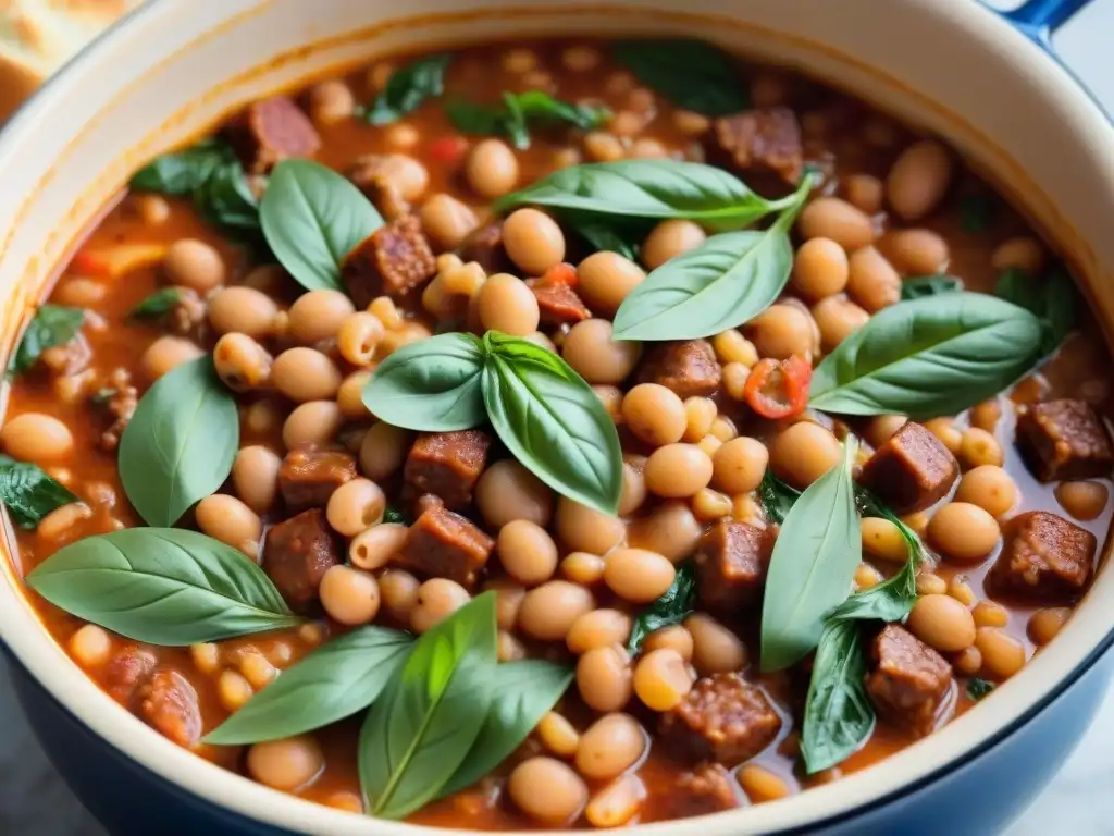 Una olla de Fagioli con salsiccia receta tradicional, cocinándose a fuego lento sobre leña, con aroma reconfortante