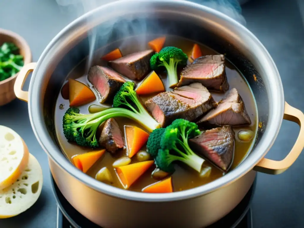 Una olla grande de Bollito Misto receta tradicional italiana con carnes y verduras coloridas en ebullición en la estufa