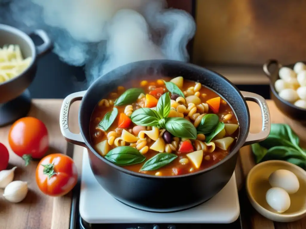 Una olla de hierro colado llena de minestrone, con ingredientes frescos, en un ambiente acogedor de cocina