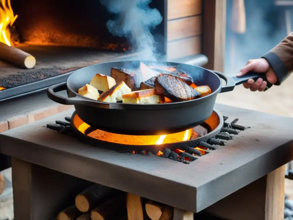 Una olla de hierro fundido sacada con cuidado de un horno de leña, resaltando las mejores herramientas de cocina para horno de leña