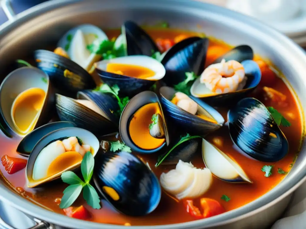 Una olla humeante de cacciucco repleta de mariscos frescos, en un caldo aromático