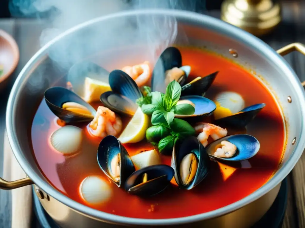 Una olla humeante rebosante de caldo de tomate con mariscos frescos, listos para preparar cacciucco en casa