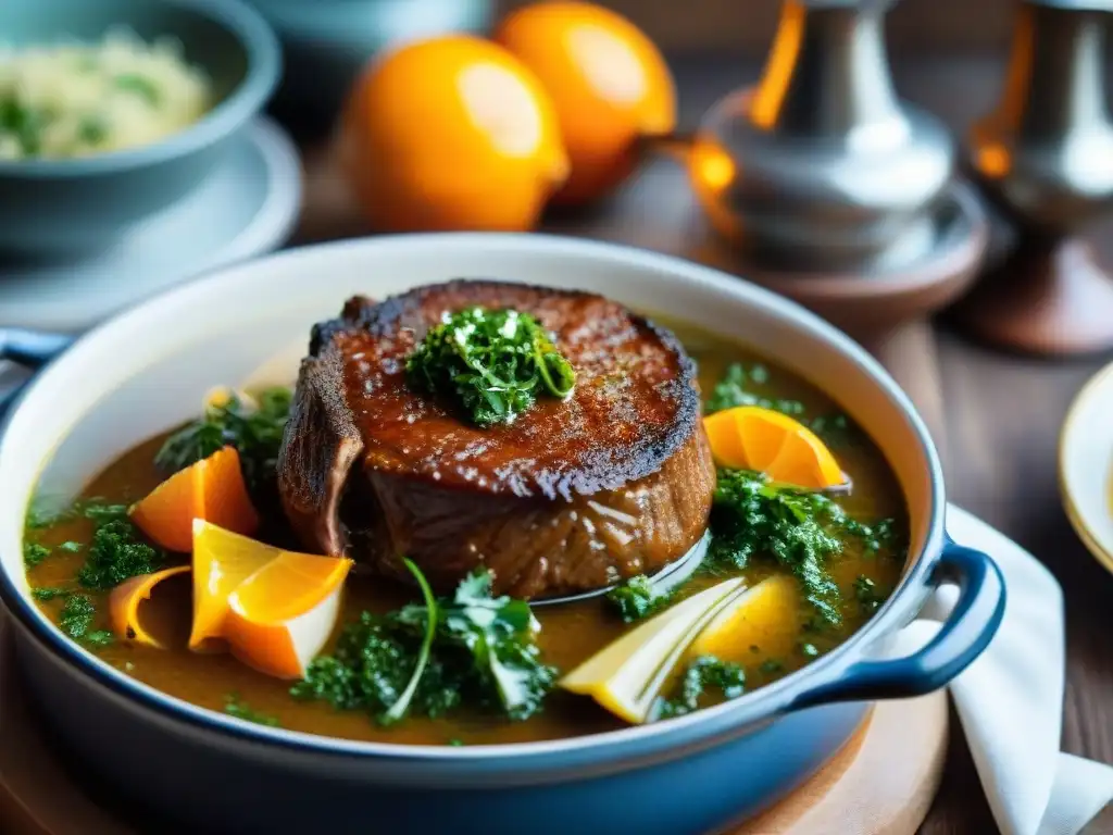 Una olla de Ossobuco alla Milanese con su caldo de azafrán, tiernas chuletas de ternera, guarnición de gremolata y rodajas de naranja