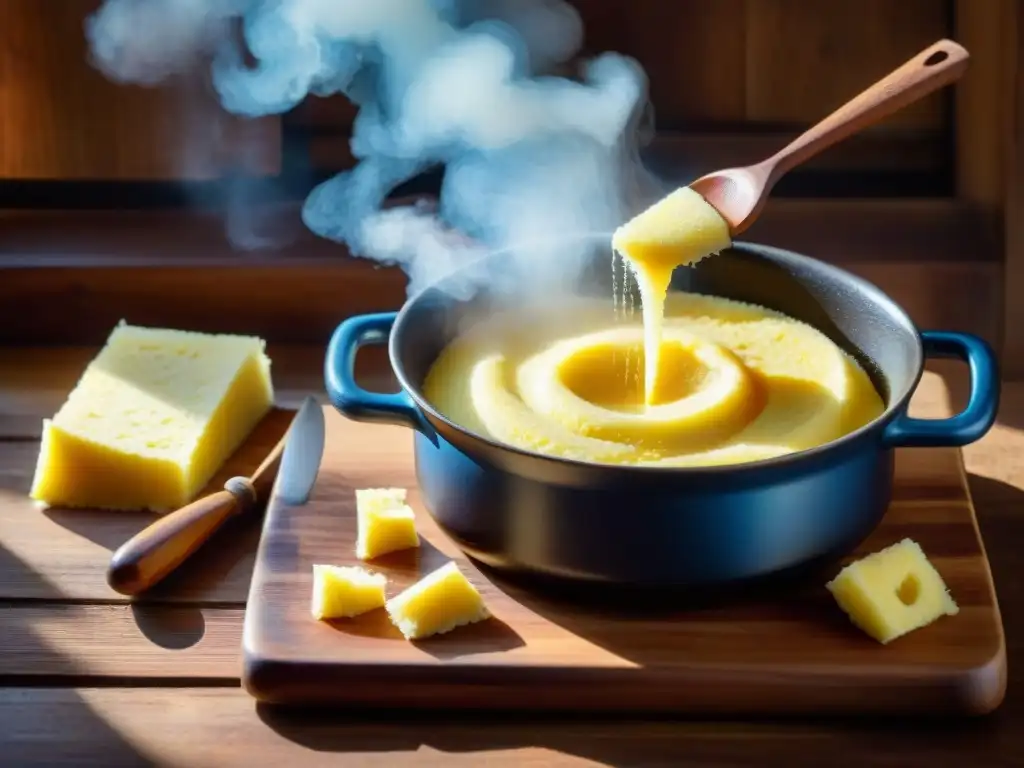 Una olla de polenta italiana tradicional humeante con textura cremosa, rodeada de utensilios de cocina rústicos y una receta vintage