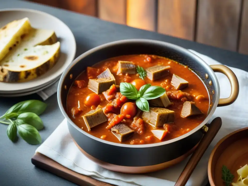 Una olla de Trippa alla Romana burbujeante, con tiras de tripa tierna, salsa de tomate y hierbas aromáticas, en una escena cálida de cocina italiana