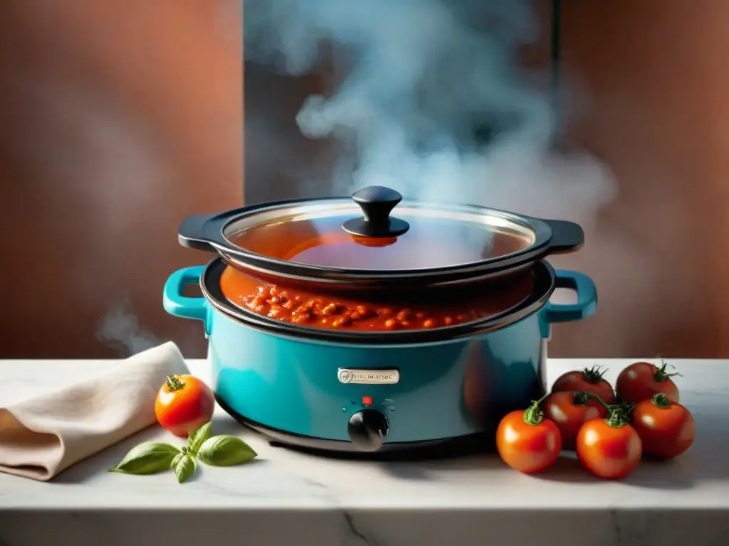 Una olla de terracota italiana llena de salsa de tomate burbujeante sobre fuego, capturando la esencia de la cocina lenta italiana