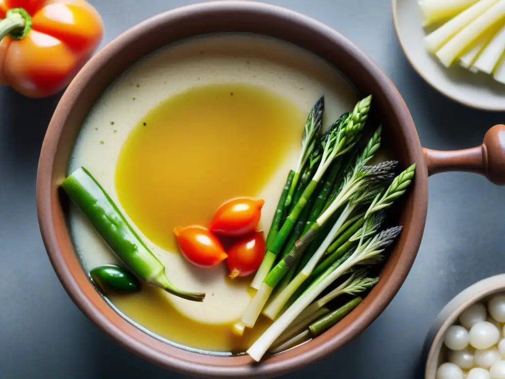 Una olla de terracota rebosante de salsa Bagna Cauda rodeada de vegetales frescos, evocando la celebración del Día de la Bagna Cauda en Piamonte