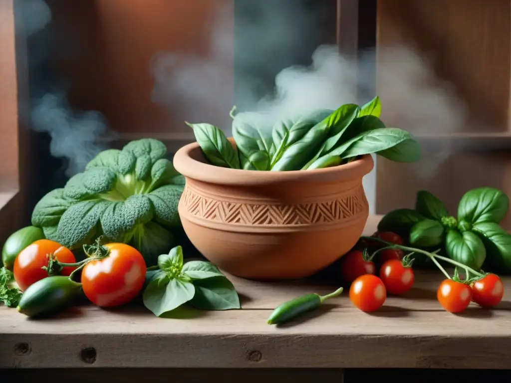 Una olla tradicional italiana de terracota rodeada de vegetales frescos, en una escena de preparación de minestrone