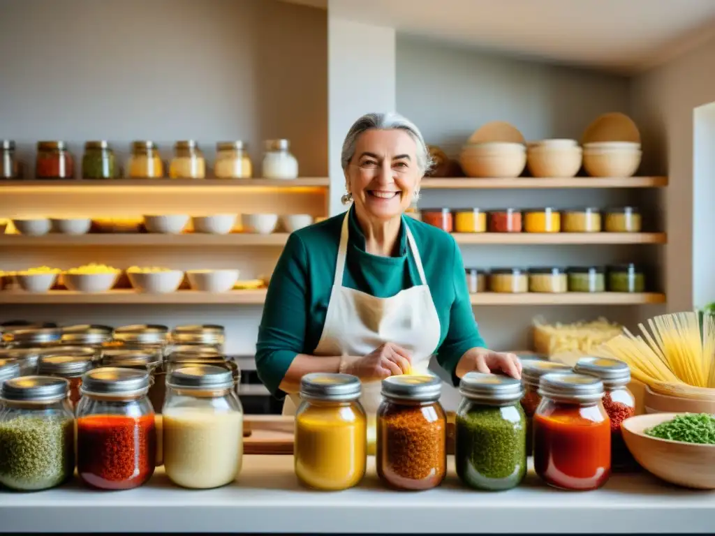 Oretta Zanini De Vita en su cocina, experta en pasta fresca, rodeada de tarros coloridos