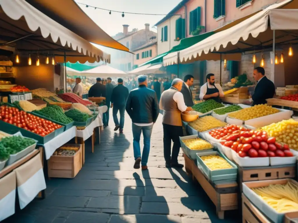 Organizador de recetas de cocina italiana en un bullicioso mercado italiano, con tomates frescos, albahaca, aceite de oliva y variedad de pastas