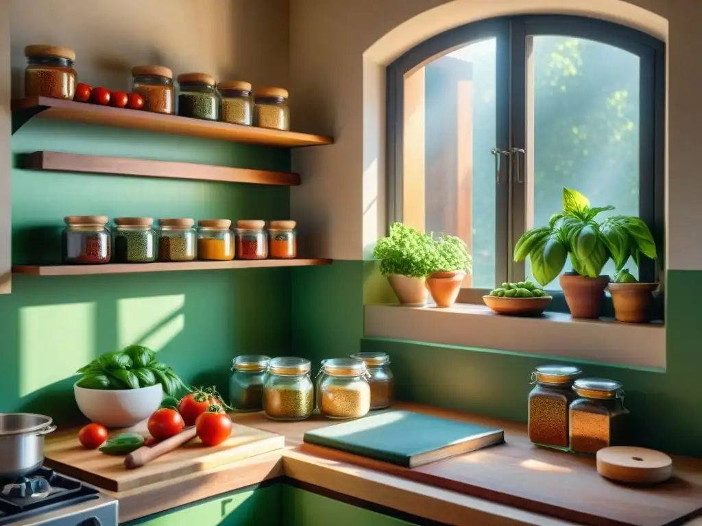 Organizador recetas cocina italiana: Cocina rústica llena de especias, libros y tomates frescos, bañada por la luz del sol