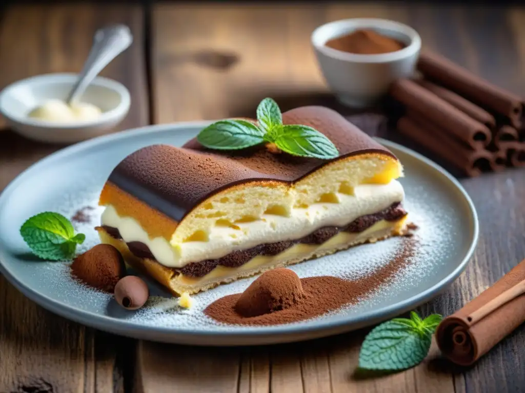 Origen del tiramisú italiano: Detalle de un exquisito postre tiramisú sobre mesa de madera rústica