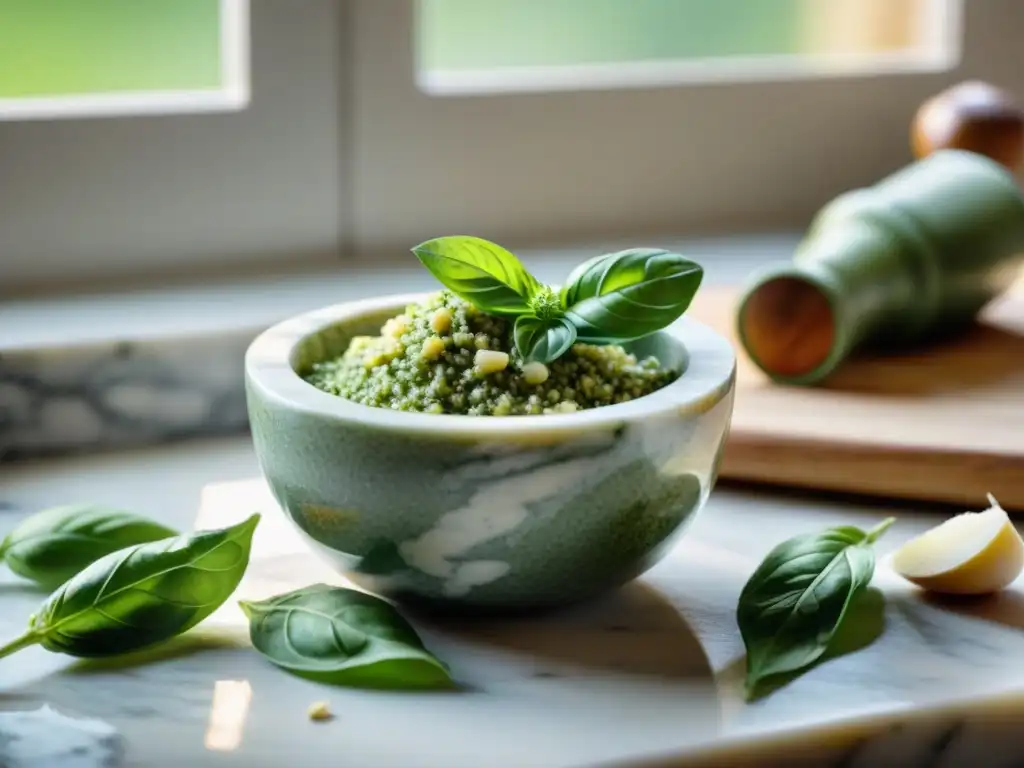 Origen y receta auténtica pesto genovés: Mortero de mármol lleno de albahaca, piñones, ajo y queso Parmesano, listo para preparar la salsa pesto verde