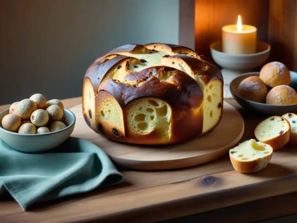 Origen y tradición del Panettone: Proceso artesanal de preparación del Panettone en una mesa rústica iluminada