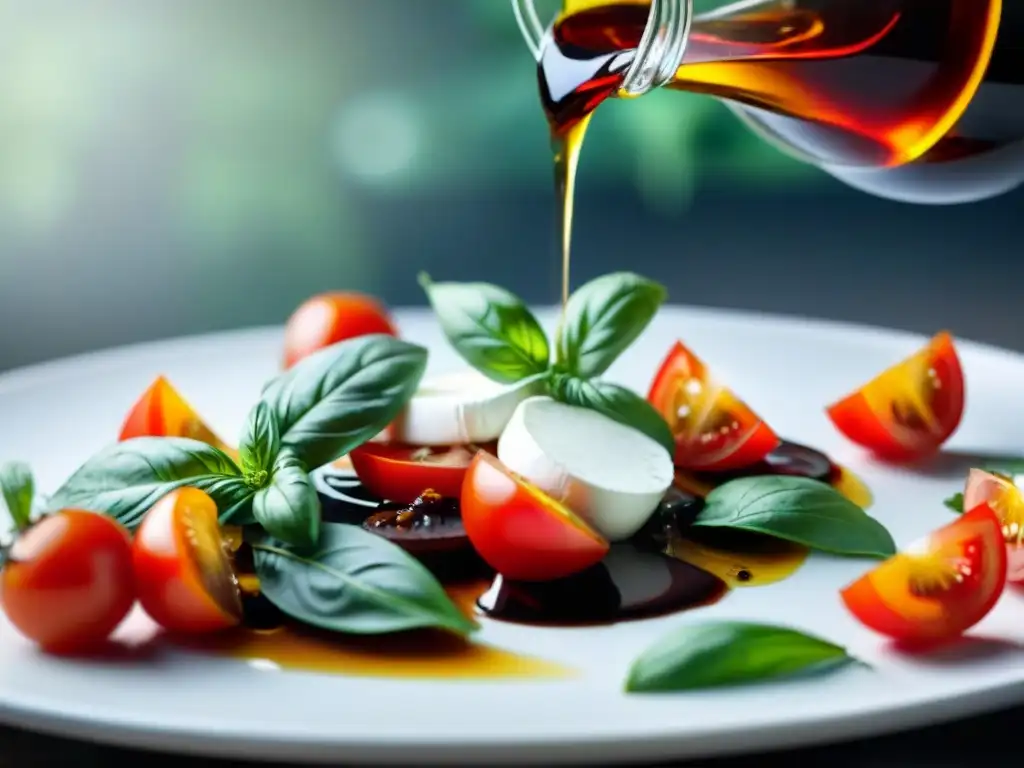 Origen y usos del vinagre balsámico en una exquisita ensalada caprese con elegante drizzled