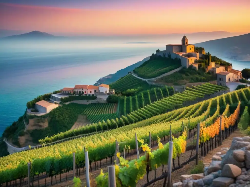 Paisaje de Calabria al atardecer con viñedo y pueblo italiano en la costa