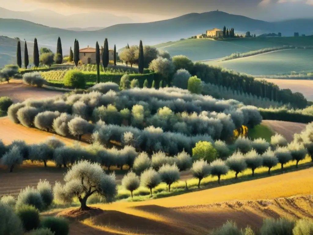 Paisaje atemporal de un olivar en Toscana al atardecer, con árboles retorcidos cargados de olivas maduras y colinas doradas