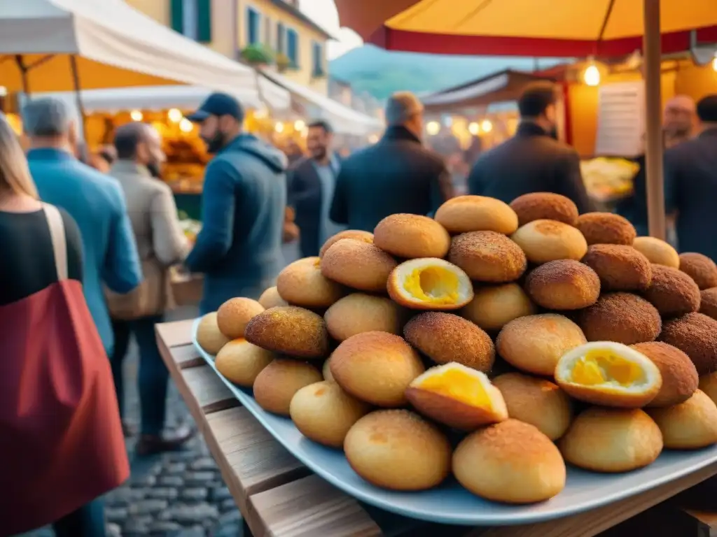 Paisaje callejero en el norte de Italia con puestos de comida tradicional y gente disfrutando de delicias