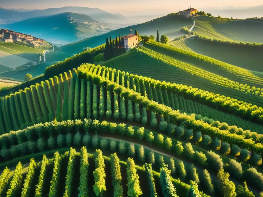 Un paisaje cautivador de viñedos sin fin en las colinas de Veneto al atardecer, evocando la Ruta del Prosecco en Veneto