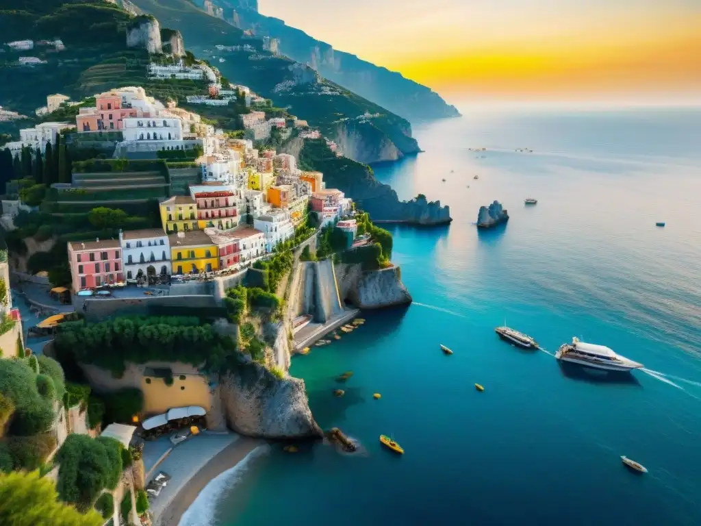 Paisaje costero vibrante de la costa italiana con casas coloridas y limoneros