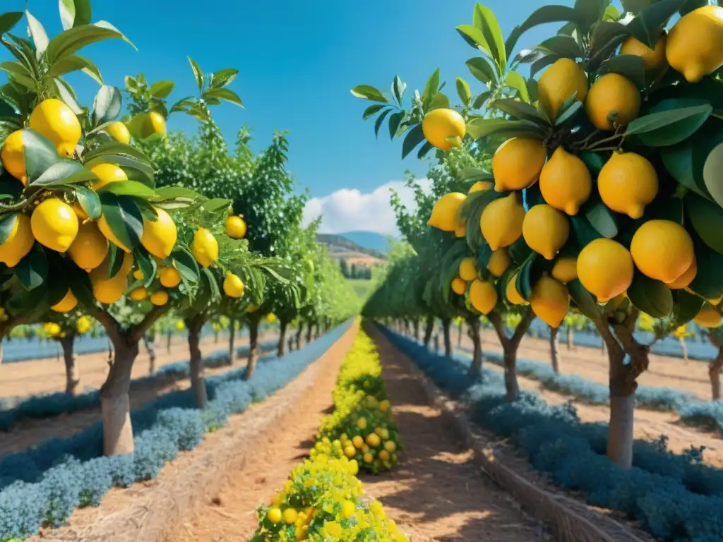 Un paisaje detallado de un huerto de limones en el Sur de Italia, con frutas maduras y colores vibrantes