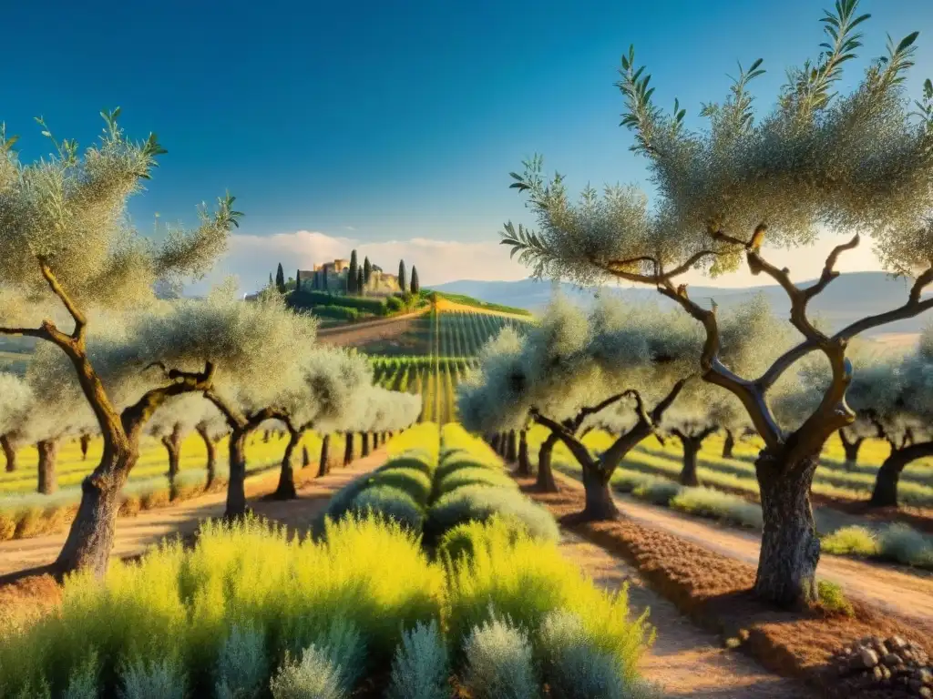 Un paisaje detallado de un olivar en la Toscana, Italia, con olivos cargados de aceitunas maduras bajo el sol