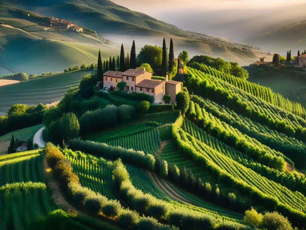 Paisaje dorado de un pintoresco pueblo italiano en las colinas de la Toscana con viñedos, techos de terracota y trattorias