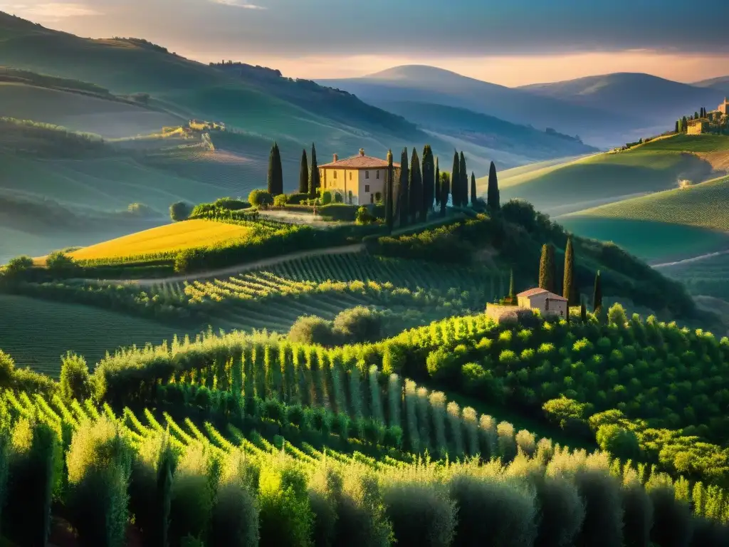 Paisaje dorado de Toscana con viñedos y granja rústica al atardecer