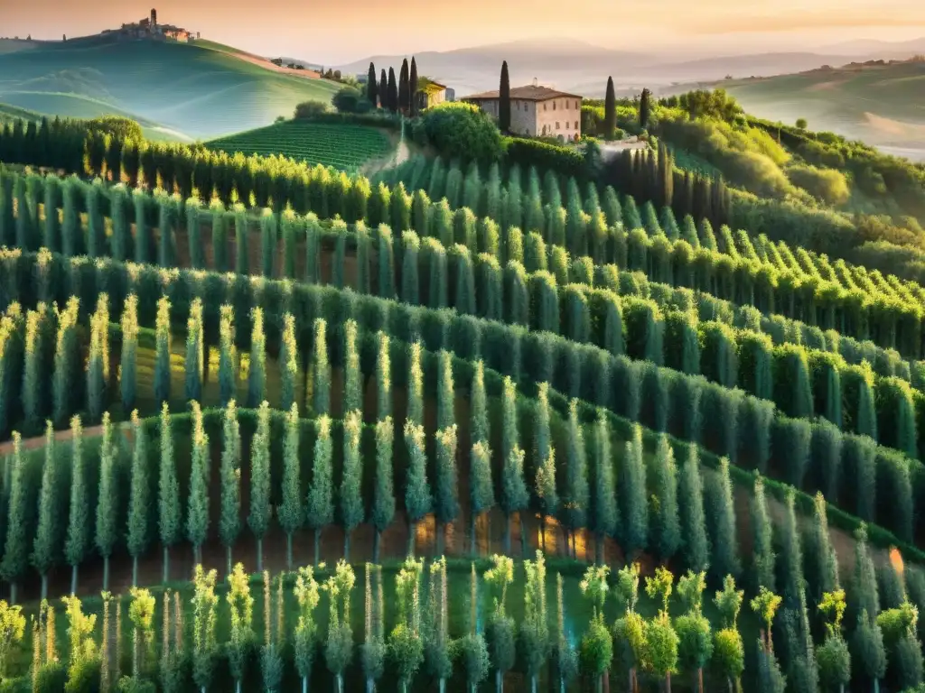 Paisaje dorado de viñedos y granjas en Toscana al atardecer