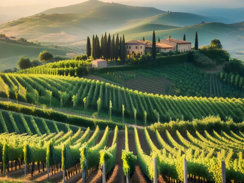 Un paisaje dorado de viñedos en Toscana, Italia, con una bodega antigua en la colina