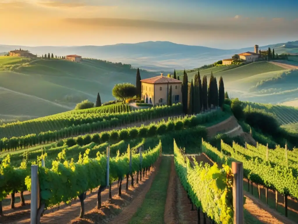 Un paisaje encantador de viñedos bañados por la cálida luz dorada en Toscana, Italia