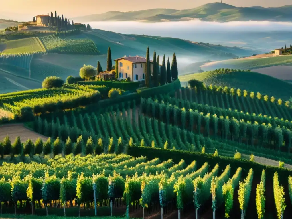 Un paisaje encantador de viñedos en Toscana bañados por la luz dorada del sol