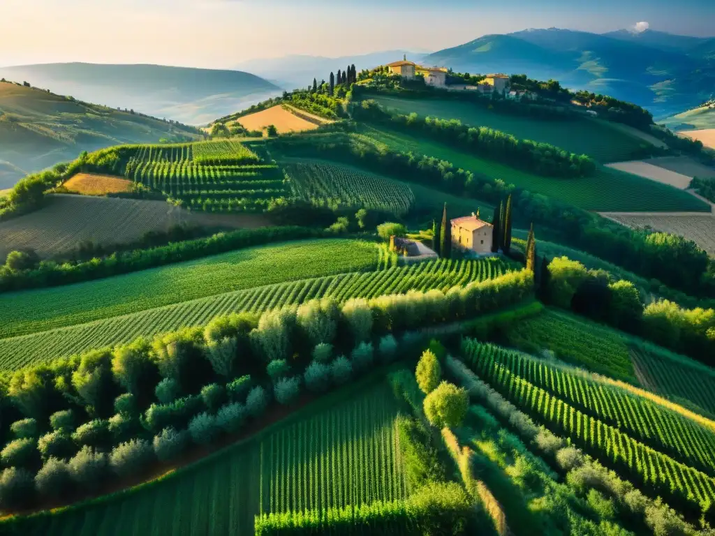 Un paisaje idílico del campo italiano, con viñedos y olivares entre colinas, bañados por la cálida luz del sol