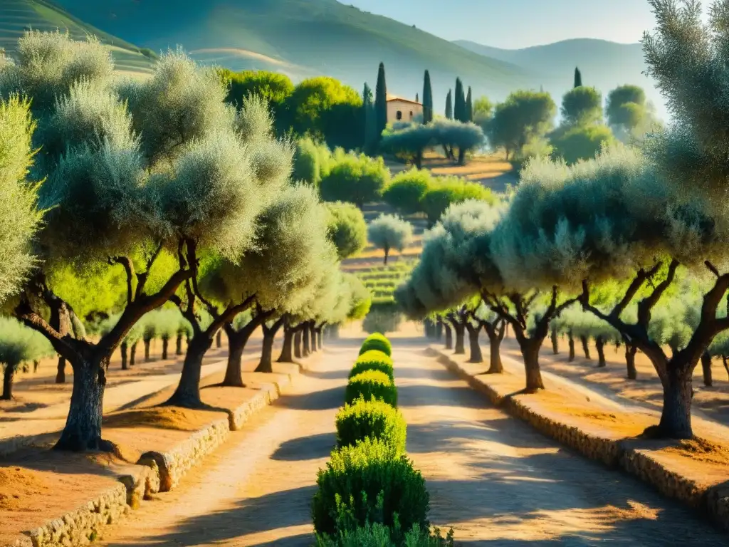 Un paisaje idílico en Italia con olivos bajo el sol dorado y una casa de piedra rústica en medio de colinas verdes