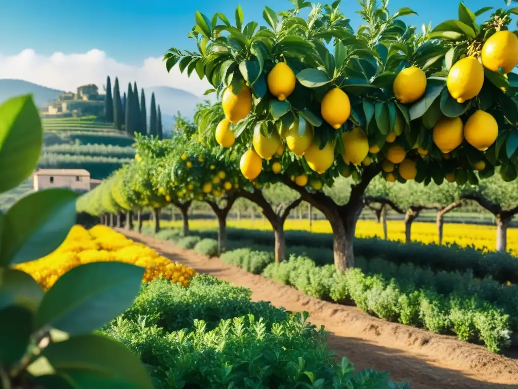 Un paisaje idílico de un vibrante huerto de limones en el Sur de Italia, con cítricos brillantes y un granjero en armonía con la tierra