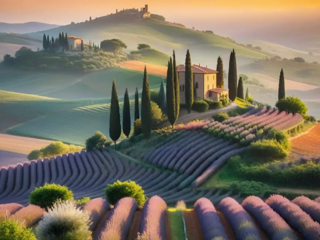 Paisaje idílico de viñedos en Toscana al atardecer, estancias en viñedos gastronomía italiana