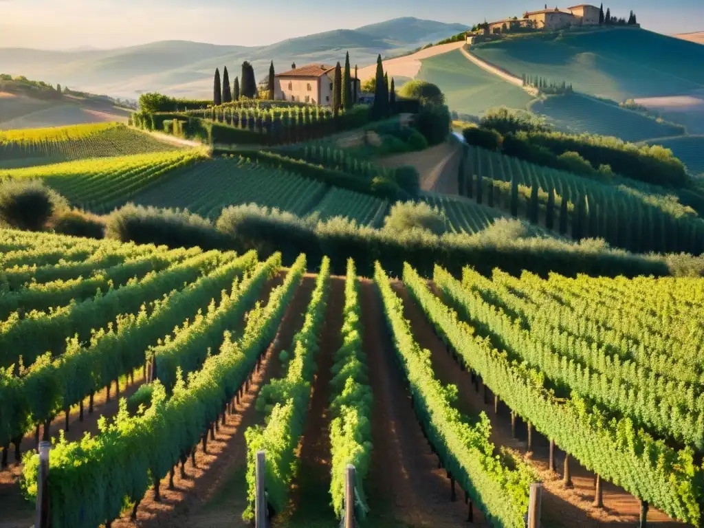 Paisaje idílico de viñedos en Toscana al atardecer, con cosechadores de uvas