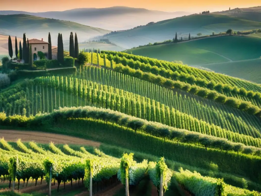 Un paisaje idílico de viñedos verdes en las colinas de Toscana, Italia