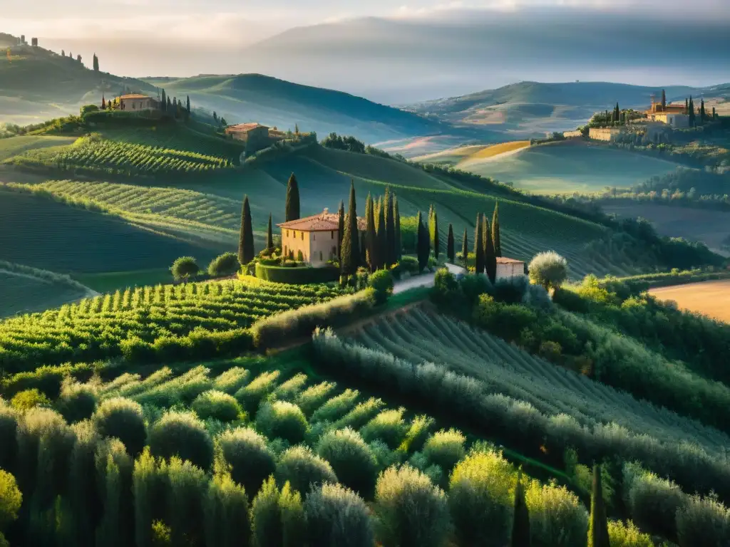 Un paisaje impresionante de colinas de la Toscana salpicadas de viñedos y olivares bajo la luz dorada del sol