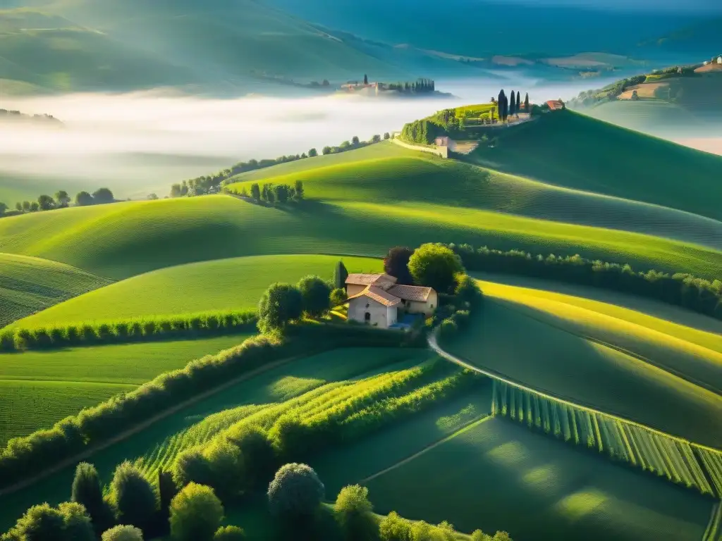 Un paisaje impresionante de las colinas verdes del Valle del Po en Italia, dedicadas a la producción de queso Grana Padano: Queso italiano tradicional