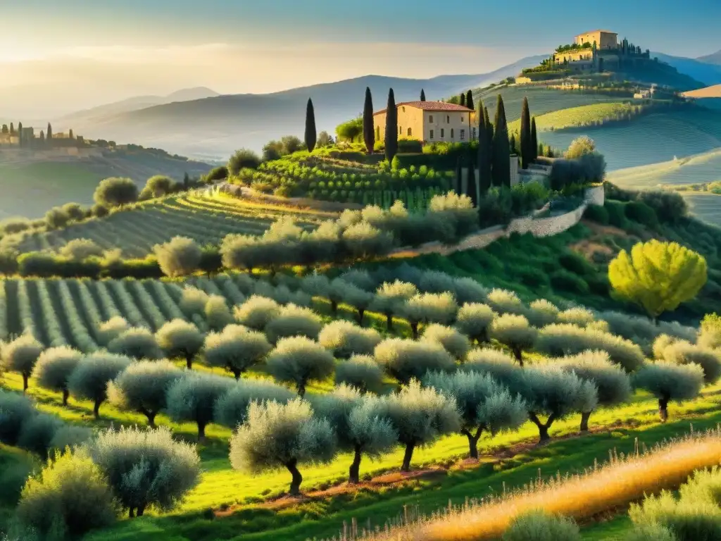 Un paisaje impresionante de un olivar italiano al amanecer, con la luz del sol entre las hojas verdes de los olivos