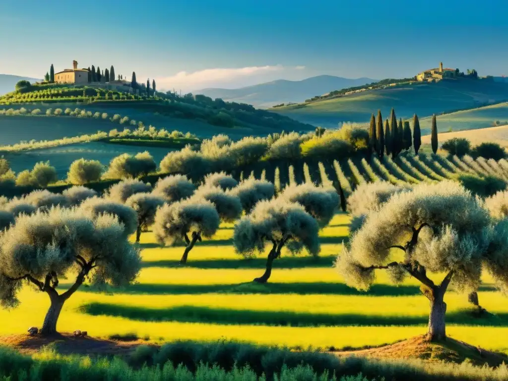 Olivar en Toscana: Tradición y Calidad Un paisaje impresionante de un olivar en la Toscana, Italia, bañado por la cálida luz dorada de la tarde