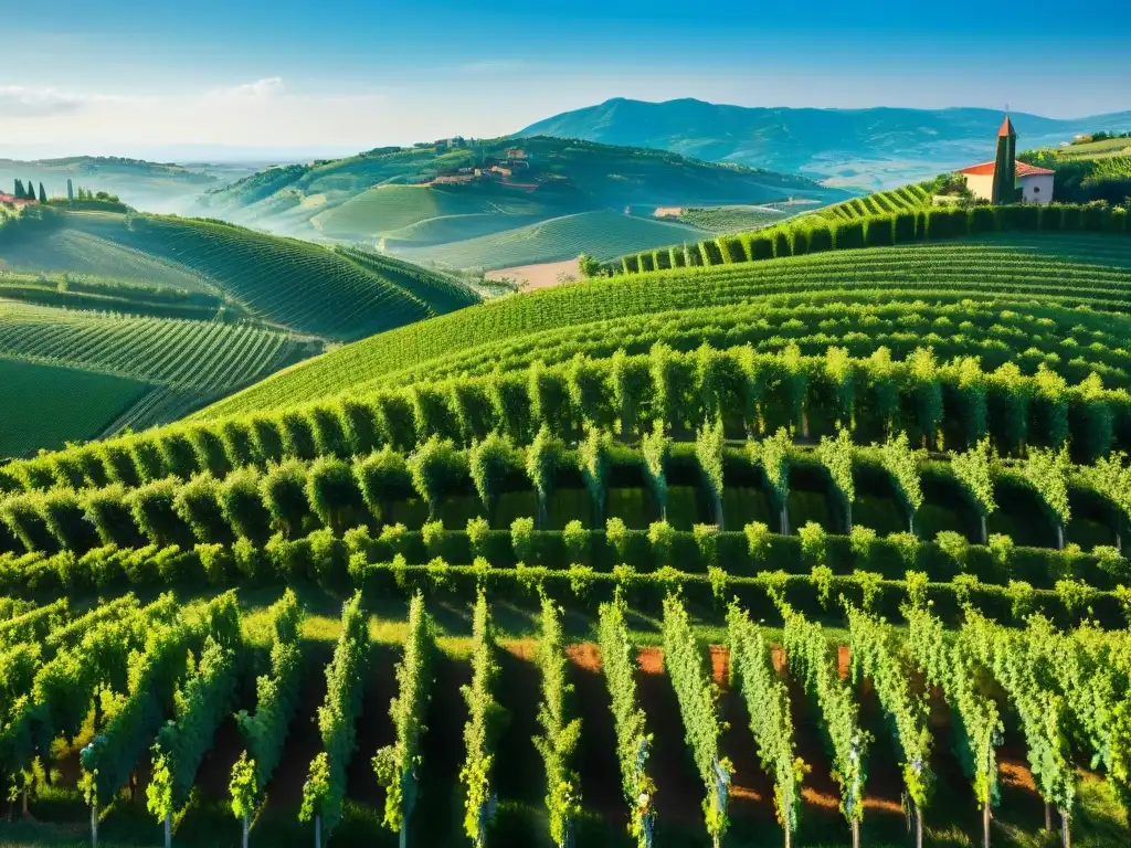 Paisaje impresionante de la Ruta del Prosecco en Veneto: viñedos verdes bajo el cielo azul, pueblos italianos entre las colinas