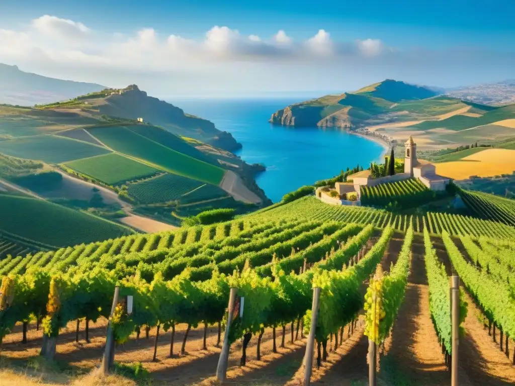 Un paisaje impresionante de viñedos en las colinas soleadas de Sicilia, con el mar Mediterráneo brillando al fondo