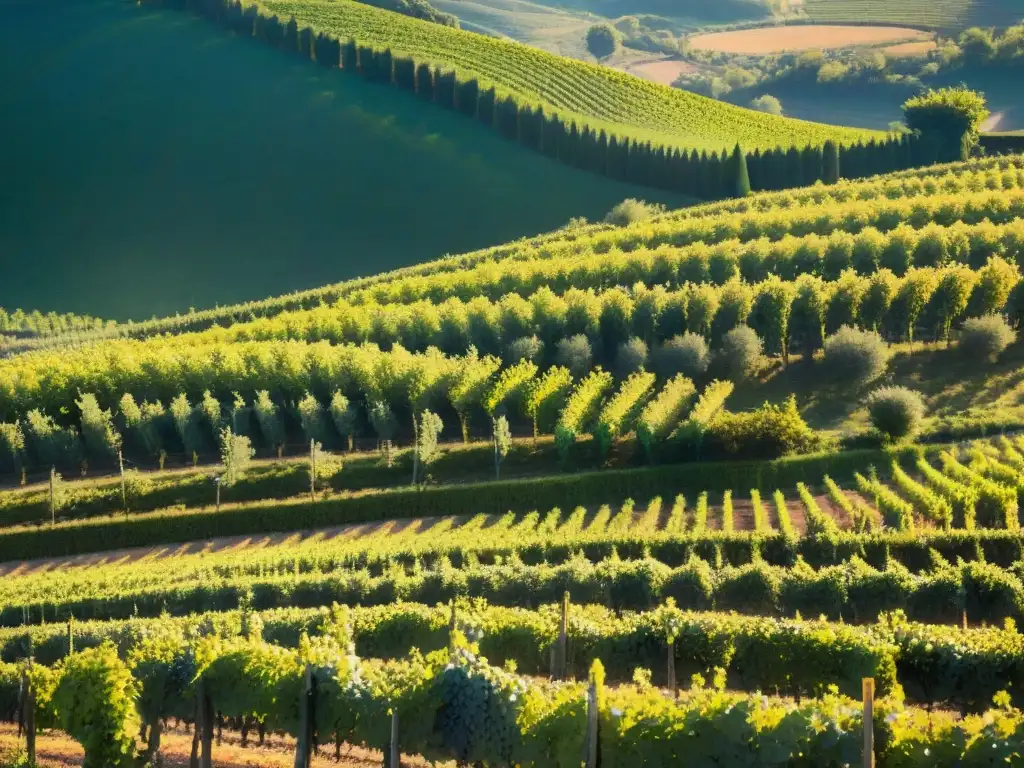 Un paisaje impresionante de viñedos italianos bajo el cálido sol, con patrones de uvas, colores vibrantes y una elegante villa