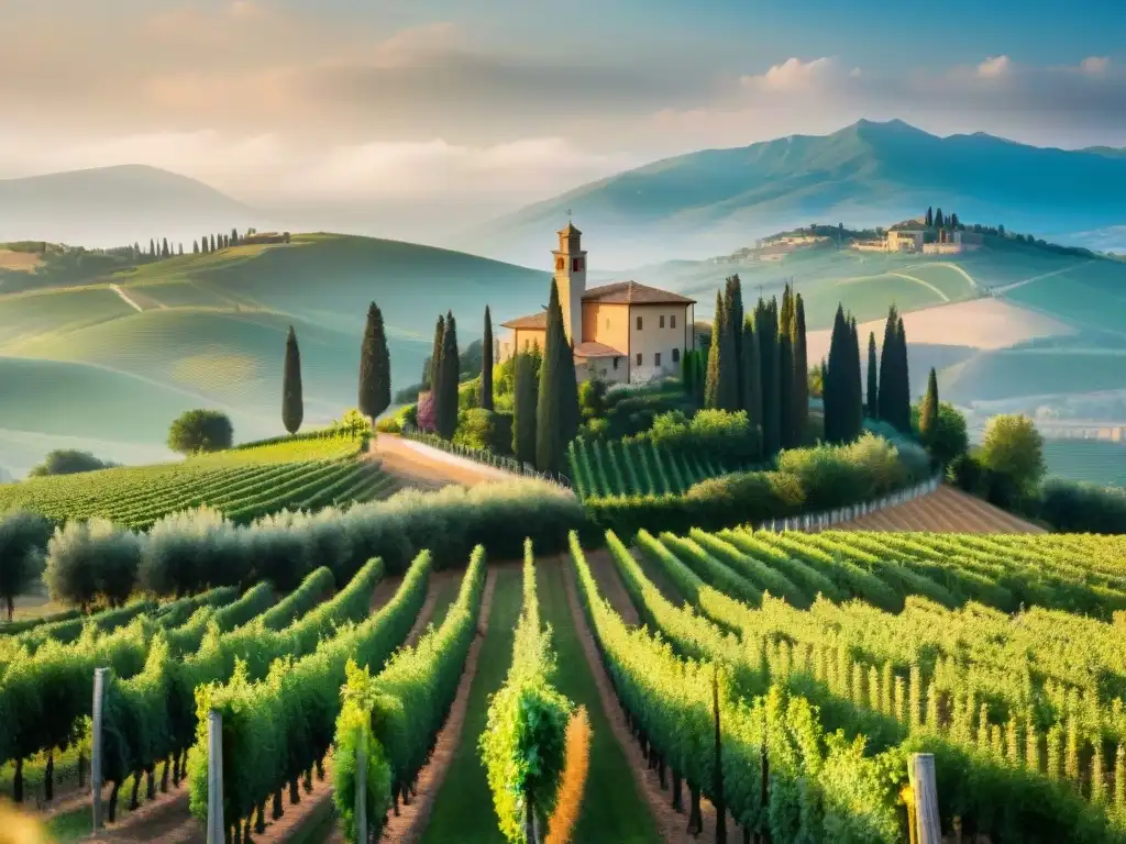 Un paisaje impresionante de viñedos en la región toscana de Italia con cipreses, una bodega histórica y una villa italiana