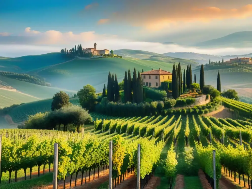 Un paisaje impresionante de viñedos en Toscana, Italia, con una villa rústica entre los campos